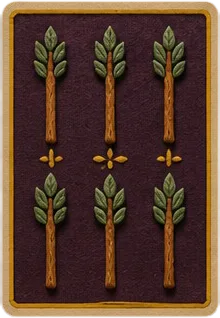 Kartu Wands: enam tongkat berdaun di atas latar plum gelap.