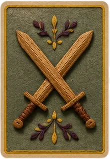 Kartu Swords: dua pedang kayu bersilang di atas latar sage.