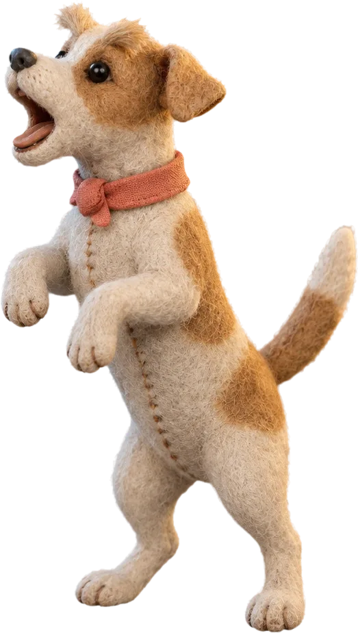 Anjing kecil dari felt berdiri dengan dua kaki dan menggonggong ke arah jurang.
