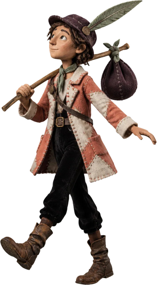 The Fool, boneka pengembara bermantel tambal koral, kaki kanannya sudah melangkah ke udara di tepi tebing.