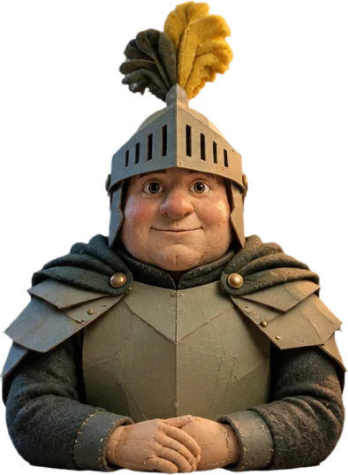 Hollis, prajurit gemuk berbaju zirah karton sage dengan bulu di helm.