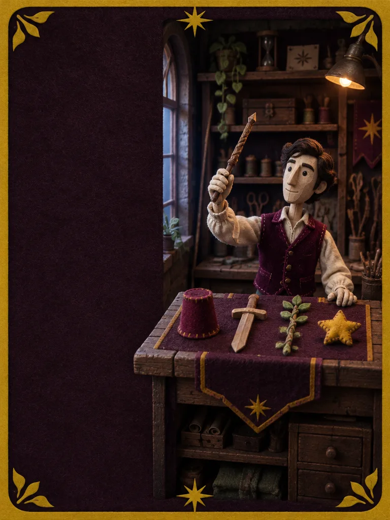 Set kartu The Magician: boneka bersetelan beludru plum mengangkat tongkat di atas meja kerja berisi cawan felt, pedang kayu, tongkat berdaun, dan bintang jahit.