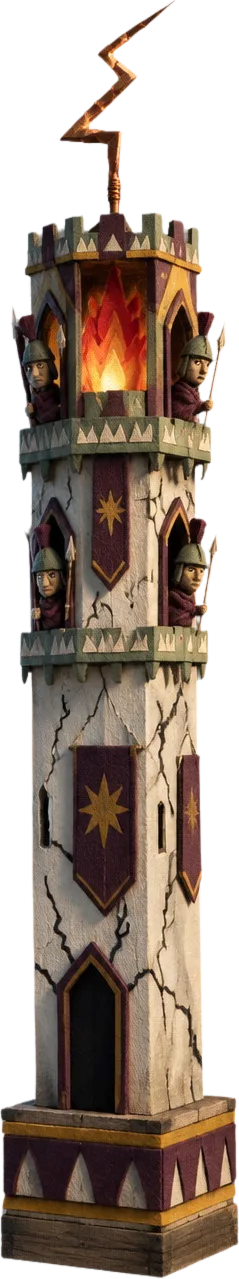 The Tower, menara karton retak dengan petir kawat tembaga di puncaknya, penjaga boneka mengintip dari jendela.